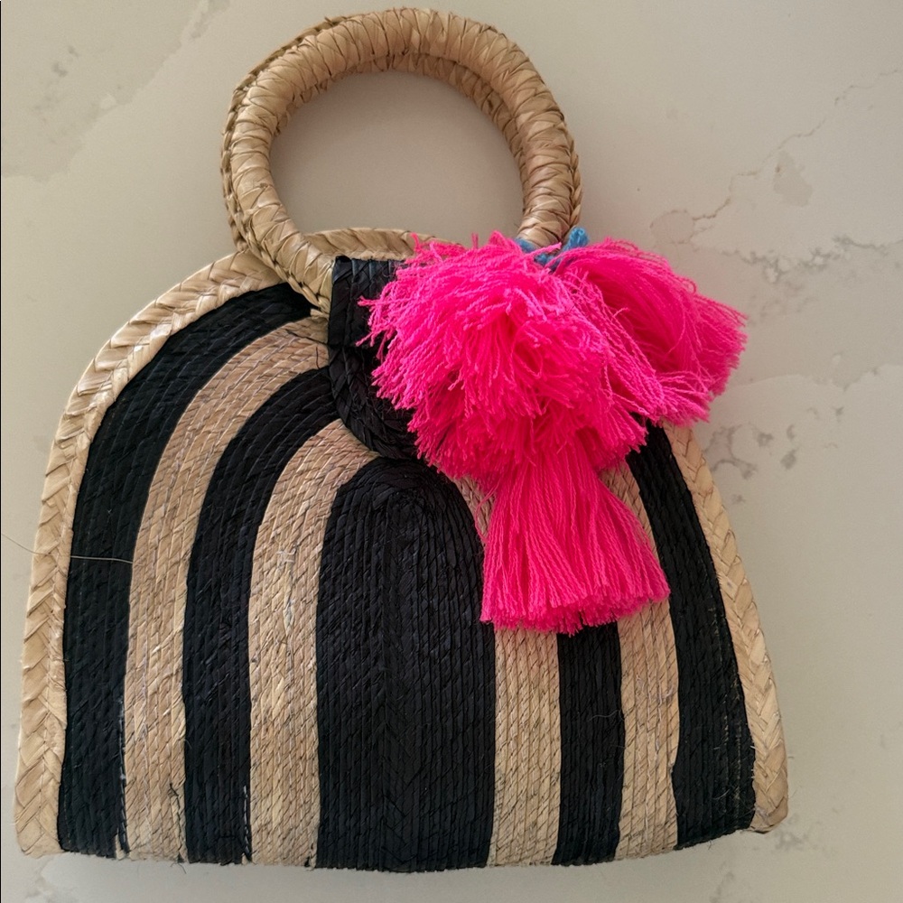 Black & Natural Straw Tote with Hot Pink Tassel